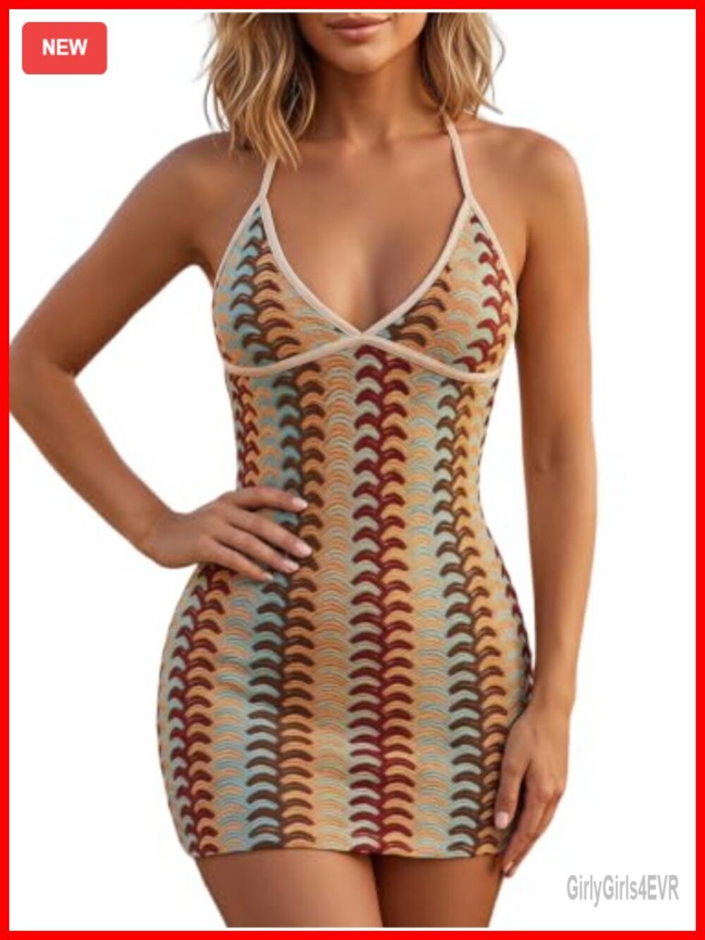 Bodycon Halter Mini Dress with Tie Back, Stretchy Zigzag Pattern